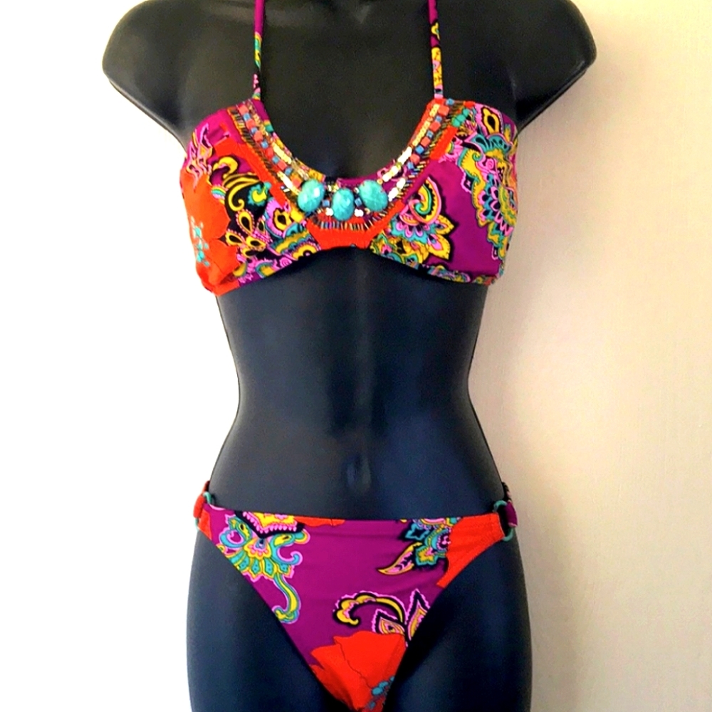 Victoria’s Secret Tropical Floral Paisley Turquoise Beaded Bikini